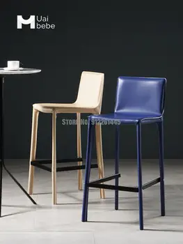 Бар стол от естествена кожа с седло, Скандинавски лесен луксозен стол за отдих, бар стол с облегалка, креативен дизайнерски стол за рецепцията