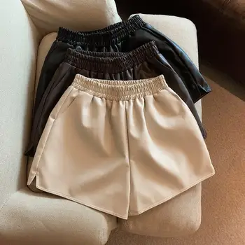 Нови широки панталони от изкуствена кожа с еластична висока талия и секси къси панталони в стил чистота, есенно-зимна мода T367