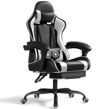 Игралното стол Lacoo от Изкуствена кожа, Масаж с Ергономичен Стол за геймъри, Регулируема по височина Компютърен стол с поставка за краката и лумбална опора