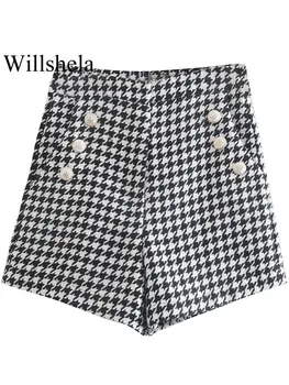 Willshela, дамски модни мини-шорти в клетка с копчета и цип отпред, Реколта дамски къси панталони с висока талия, Шикозни дамски къси панталони