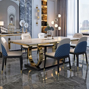 Италианска каменна плака прост модерен лек луксозен правоъгълен мраморен маса за хранене и стол разход на домашен маса за хранене