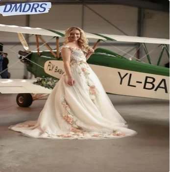 Секси рокля на булката с дълбоко V-образно деколте и с отворен гръб, Елегантна сватбена рокля с дължина до пода с открити рамене, сватбена рокля с 3D-принтом във формата на цвете