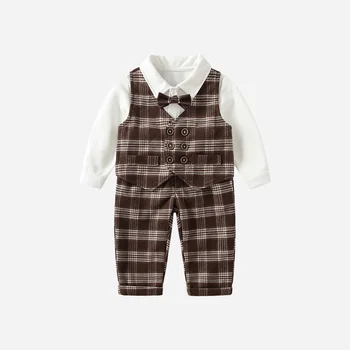 2023 Есенен комплект дрехи от 3 теми за малко момче, Памучни красиви ризи с дълги ръкави, карирани жилетка, Панталони с джобове, Подходящи за новородени момчета