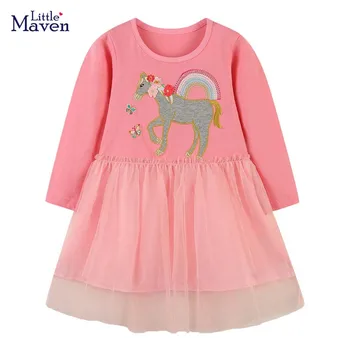 Little maven/ Рокля за малки момиченца, красив сетчатое празнична рокля с аппликацией под формата на еднорог, Елегантна есенна дрехи за малките момичета