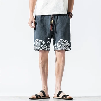 Летни ленени шорти, Мъжки Модни Ежедневни Къси панталони с една вълнообразна принтом в китайски стил, Мъжки летни плажни шорти