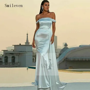 Вечерни рокли на Русалка Smileven небесносин, Просто рокля за абитуриентски бал с отворени рамене, Саудитска Арабия, Модерна вечерна рокля с цепка отстрани 2023