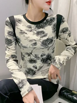 Есенно-зимни новата модерна дамска тениска с дълъг ръкав и принтом в контрастен цвят, с кръгло деколте, плътно прилепнали блузи с висока еластичност BH3883