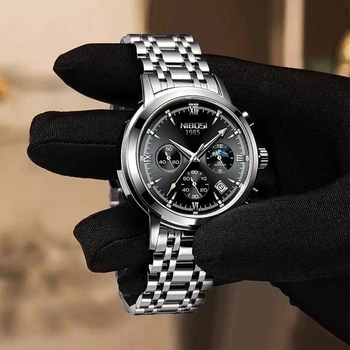 NIBSOI, Нов модерен хронограф, кварцов мъжки часовник от неръждаема стомана, водоустойчив, със светещи фазите на Луната, мъжки часовник Relogio Masculino