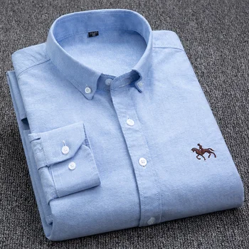 Памучен Оксфорд клетчатая тениска на райета, мъжки ежедневни блузи с дълъг ръкав, мъжки t-shirt, бизнес тениска с пони, работни облекла, бродирани топ с кон