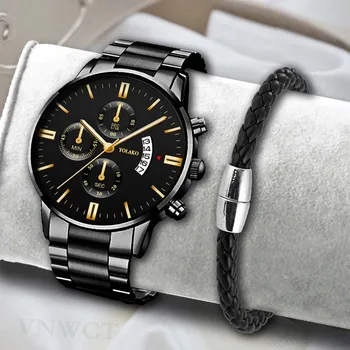 Модерен мъжки часовник-гривна от неръждаема стомана, Луксозен календар, кварцов часовник, бизнес часовници за мъже, часовници Relogio Masc