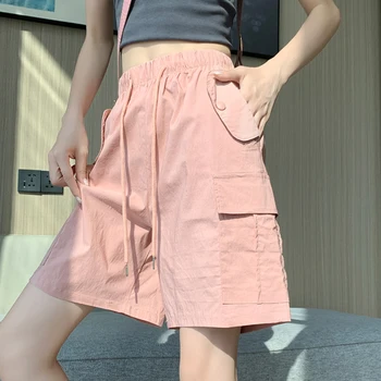Дамски ежедневни Летни шорти-карго с висока талия и джобове, Свободни розови къси панталони с широки штанинами, Елегантни дамски улични шорти