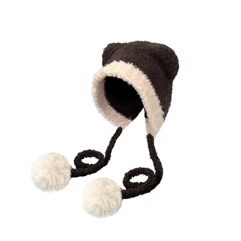 Японската плюшен вязаная капачка Y2K със собствени мечи уши, дамска есенно-зимна топла капачка за защита на ушите, пуловер с топки за коса, шапка-бини
